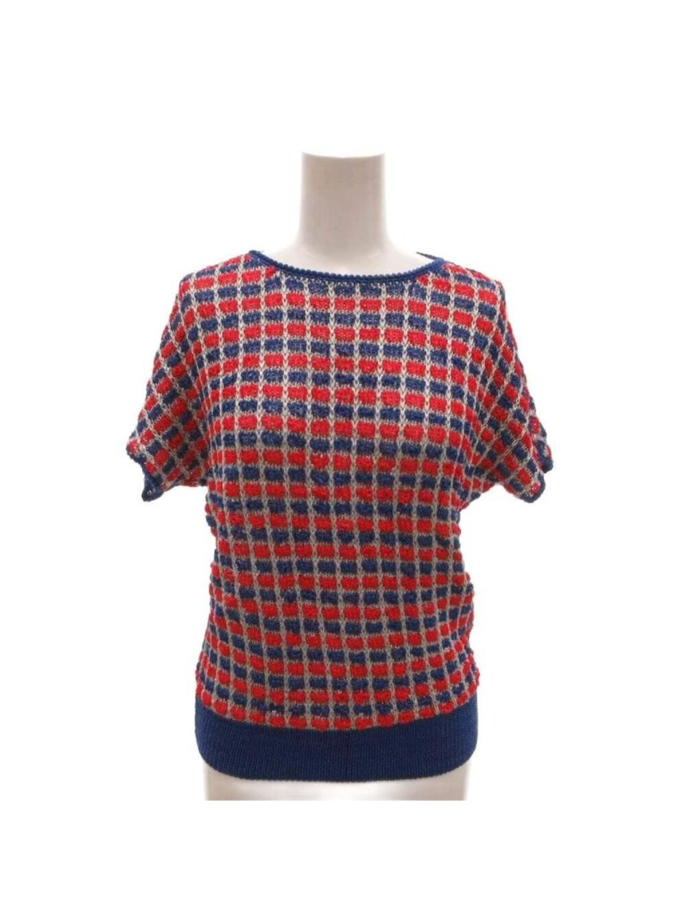 Dior Vintage Knit Sweater Short Sleeve Lame Colorful Check Blue Red Silver